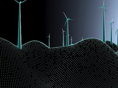 Modern Wind Turbine Structures On Mountainous Terrain With Digital Grid Design 3d model