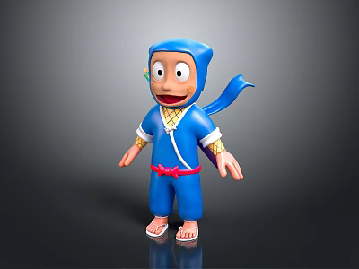 Cute Blue Cartoon Ninja Character Toy With Red Belt Blue Headband Outfit For Kids Decoration 3d model