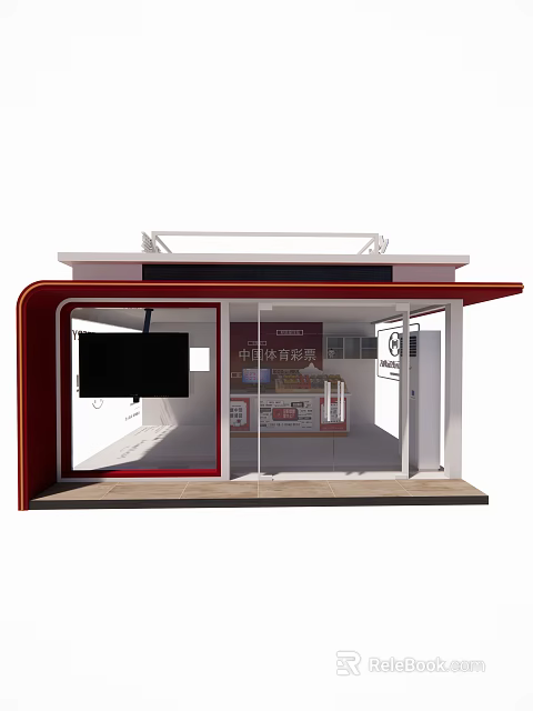 Modern Bus Station With Red Curved Design Glass Doors And Display Elements 3d model 
