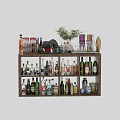 Wine Bottles and Glasses Assorted Collection on Wooden Display Shelf Arranged Neatly