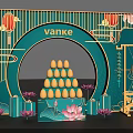 Vanke Decorative Scene With Circular Arch Golden Lanterns Yellow Egg Stack And Lotus 3d model
