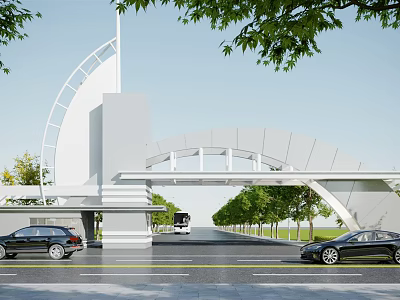Modern Architectural Curved Entrance Gate With Trees And Cars On Road 3d model