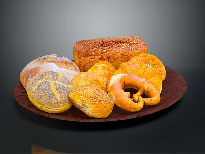 Assorted Breads with Crusty Loaves Croissants and Pretzels on Wooden Platter 3d model
