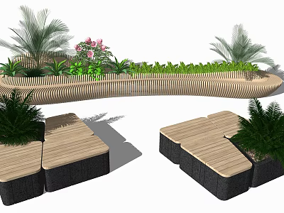 Modern Wooden Outdoor Chairs In Garden With Green Plants And Minimalist Style 3d model