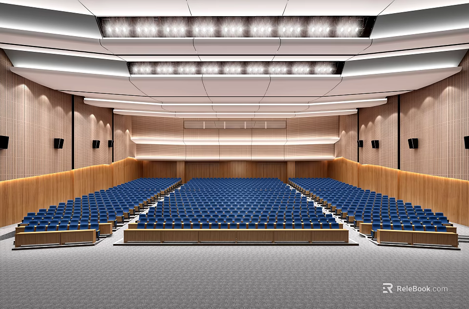 Spacious Conference Room Interior with Blue Seats Symmetrically Arranged Wooden Walls and Long Strip Lighting 3d model 