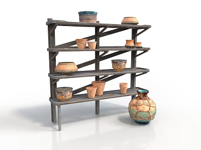 Decorative Ceramic Pots and Vases on Multi Layer Wooden Shelf with Colorful Patterns 3d model