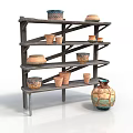 Decorative Ceramic Pots and Vases on Multi Layer Wooden Shelf with Colorful Patterns
