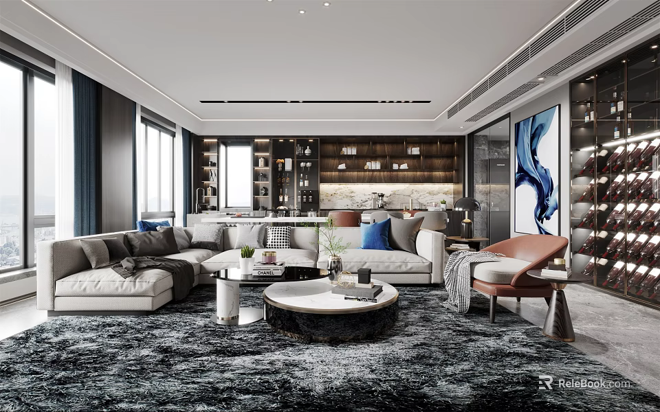 Elegant Modern Living Dining Room Interior With Sofa Coffee Table Artwork And Bookshelves 3d model 