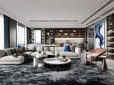 Elegant Modern Living Dining Room Interior With Sofa Coffee Table Artwork And Bookshelves 3d model