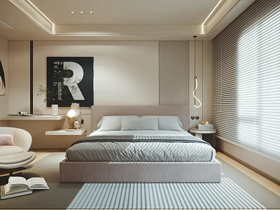 Modern Bedroom Interior Featuring Comfortable Bed Striped Rug Artwork With Letter R And Window Blinds 3d model