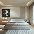 Modern Bedroom Interior Featuring Comfortable Bed Striped Rug Artwork With Letter R And Window Blinds