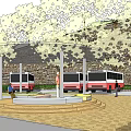 Scenic Hillside Visitor Center With Parking Lot Trees Pathways And Water Stream