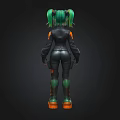 Stylish 3D Character Model With Green Hair Pigtails And Black Orange Outfit