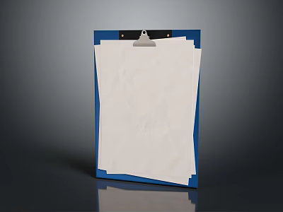 Blue Folder With Black Clip Holding White Papers On Gray Reflective Surface 3d model