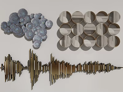 Stylish Contemporary Wall Decor With Circular Wooden Panels And Metallic Striped Patterns 3d model