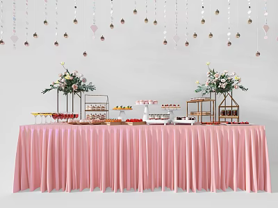 Elegant Tea Break Area With Pink Tablecloth Desserts Flower Decorations And Hanging Ornaments 3d model