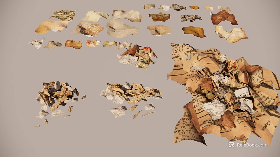 Handmade Paper Torn Decorative Hanging Ornaments With Vintage Text And Colorful Shapes 3d model 