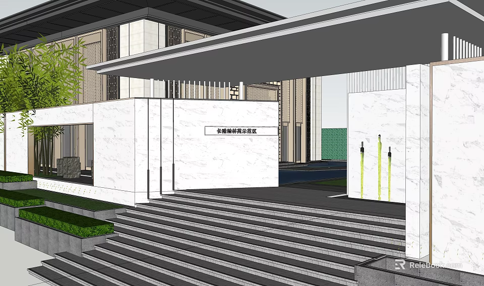 Modern Garden Landscape Design With Marble Walls Steps Green Plants And Fountains 3d model 