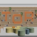 Wooden Bookshelves in Kids Reading Area with Large Story Letters Green Plants and Colorful Seating