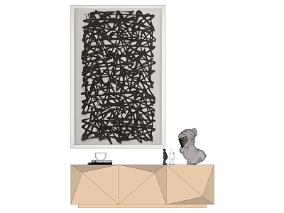 Beige Geometric Cabinet With Black Abstract Painting White Frame And Gray Sculpture 3d model