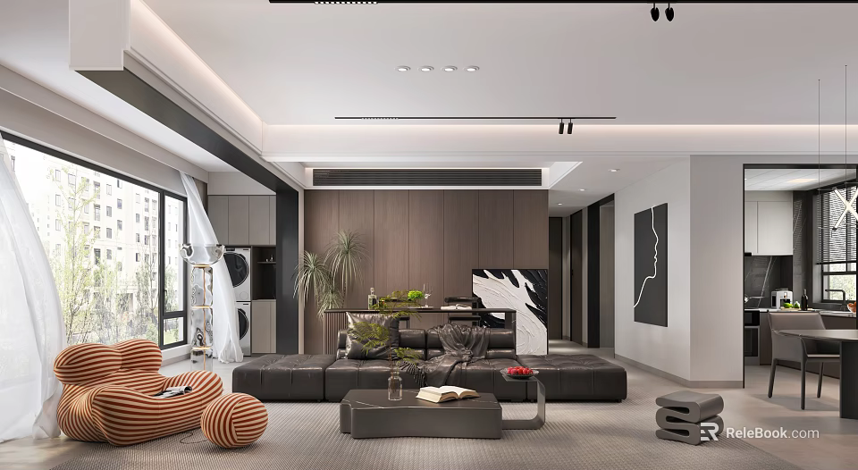 Modern Living and Dining Room With Large Sofa Coffee Table Green Plants And Decorative Painting 3d model 