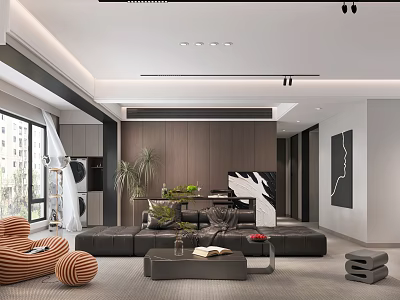 Modern Living and Dining Room With Large Sofa Coffee Table Green Plants And Decorative Painting 3d model