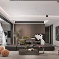 Modern Living and Dining Room With Large Sofa Coffee Table Green Plants And Decorative Painting
