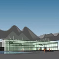 Modern Museum Building With Wave shaped Roof Glass Curtain Wall Water Reflection And Palm Trees