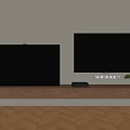 Modern TV Wall Interior With Two Black Screens Wooden Console And Soundbar