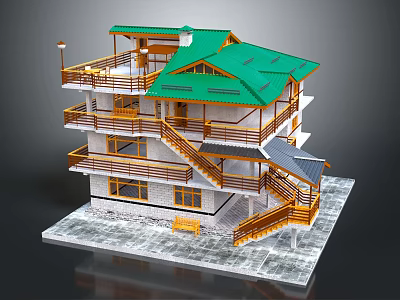 Cartoon Scene of Multi Story Building With Green Roof Wooden Balconies And White Walls 3d model