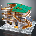 Cartoon Scene of Multi Story Building With Green Roof Wooden Balconies And White Walls