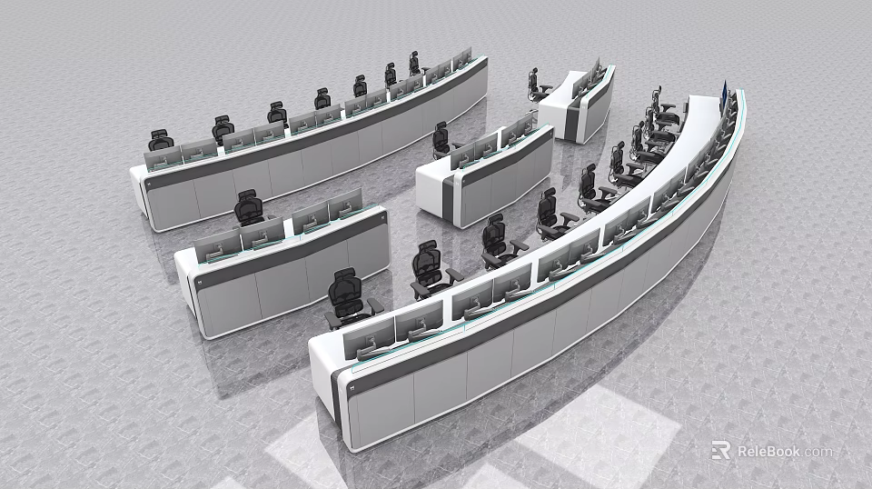 Curved Office Desk And Chair Set In Multiple Arrangement For Modern Workspace 3d model 