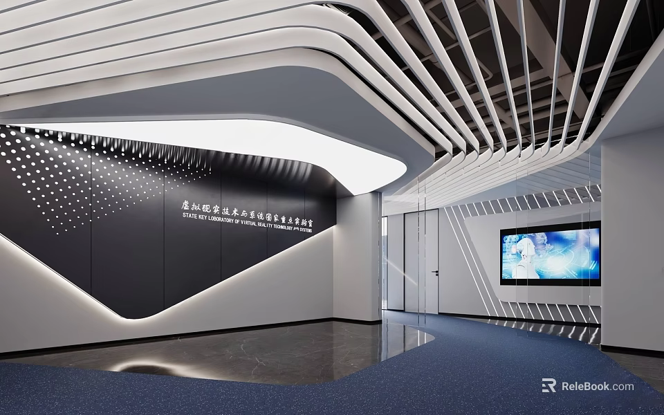Modern Exhibition Hall Interior With Stylish Ceiling Design And LED Screen 3d model 