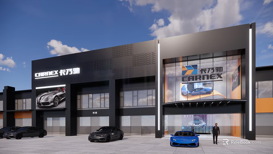 Modern CARREX Showroom Exterior With Glass Facade And Parked Luxury Cars 3d model 