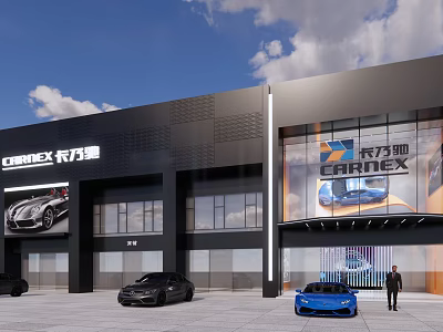 Modern CARREX Showroom Exterior With Glass Facade And Parked Luxury Cars 3d model