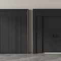 Modern Black Entry Doors With Vertical Stripe Design One Half Open Symmetrical 3d model