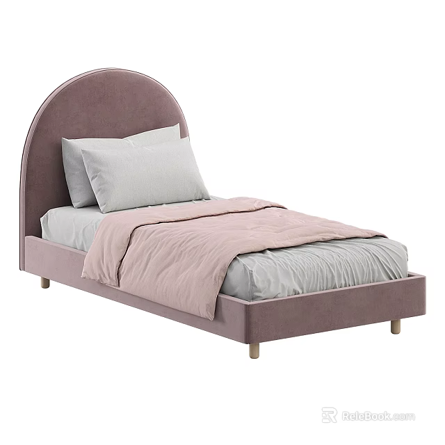 Modern Pink Velvet Double Bed With Arched Headboard Gray Sheets And Pillows 3d model 