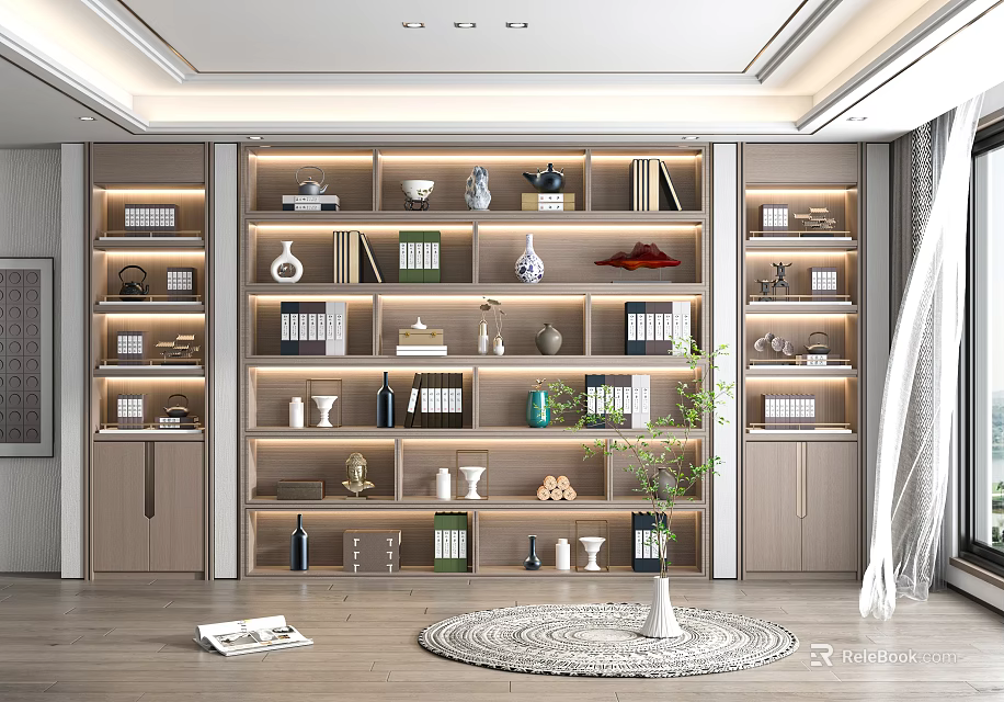 Modern Minimalist Bookcase Interior With Decorative Vases Books And Green Plants 3d model 