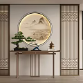 Chinese Console Table With Circular Landscape Painting Lattice Screen Pine Bonsai And Tower Ornament