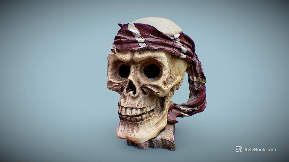 Human Skull Wearing Red Brown Headscarf With White Stripes On Wooden Base Decoration 3d model 