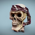 Human Skull Wearing Red Brown Headscarf With White Stripes On Wooden Base Decoration