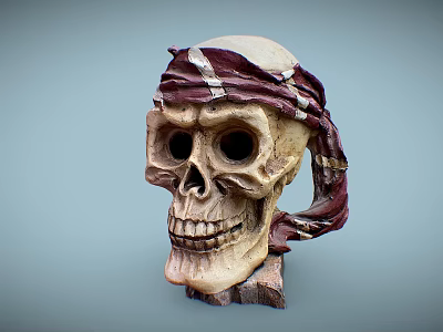 Human Skull Wearing Red Brown Headscarf With White Stripes On Wooden Base Decoration 3d model