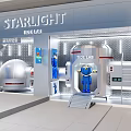 Starlight Wide Lab Modern Tech Storefront Featuring Silver Sphere And Blue Figure