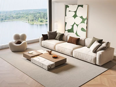 Modern Sofa and Coffee Table Set with Cushions Accent Chair Wall Art and Lake View Window 3d model
