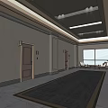 Hotel Corridor With Doors On Both Sides Dark Carpet Ceiling Lights And Potted Plant