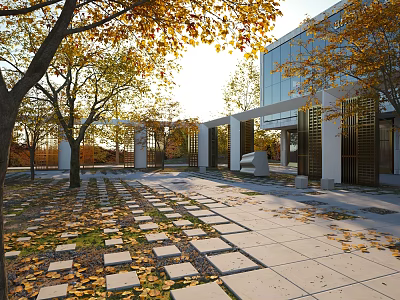Courtyard Garden With Autumn Trees Stone Slab Path Fallen Leaves And Modern Glass Building 3d model