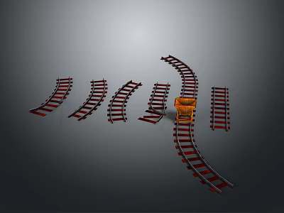 Orange Train Carriage Moving On Multiple Curved Railway Tracks In Gray Background 3d model