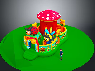 Inflatable Play Castle With Mushroom Shape And Cartoon Ladybug Decorations Near Green Ground With Child 3d model