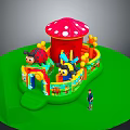 Inflatable Play Castle With Mushroom Shape And Cartoon Ladybug Decorations Near Green Ground With Child