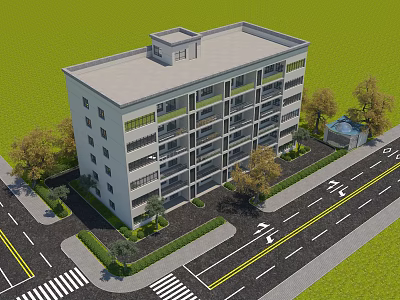 Multi Storey Residential Building With Balconies Greenery Trees And Roadside Access 3d model